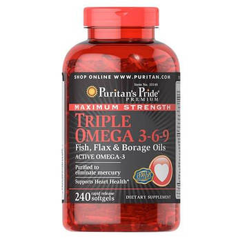 Омега 3, Puritan's Pride Maximum Strength Triple Omega 3-6-9 240 капсул