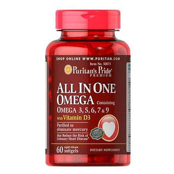 Омега 3, All In One Omega 3, 5, 6, 7 & 9 with Vitamin D3 60 капсул