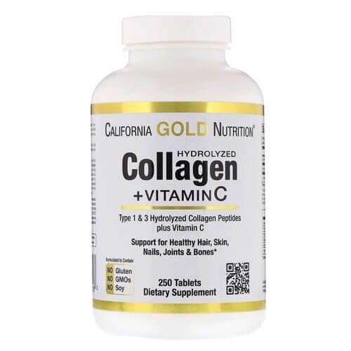 Колаген, California Gold Nutrition Hydrolyzed Collagen + Vitamin C Type 1&3 250 таб