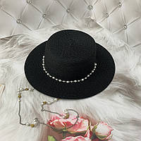 Жіночий літній капелюх канотьє з ланцюжком та перлинами CATALINA чорний