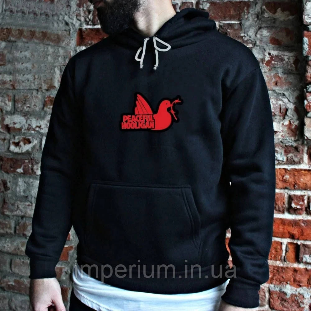 Худі Peaceful Hooligan red logo | чорна толстовка