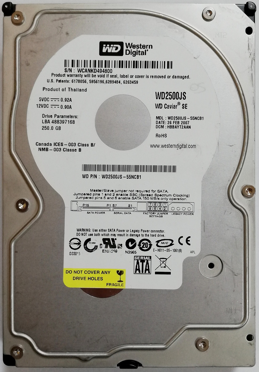 Жорсткий диск для комп'ютера Western Digital Caviar SE 250GB 3.5" 8MB 7200rpm 3Gb/s (WD2500JS) SATAII Б/В