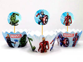 Набір для капкейків: "Месники / Супергерої / Марвел" (10+10) топпери і накладки на кошики - малотиражні
