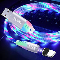 Магнітний кабель Micro USB TOPK Cвітиться (мультиколір) для швидкої зарядки 3.0 Білий