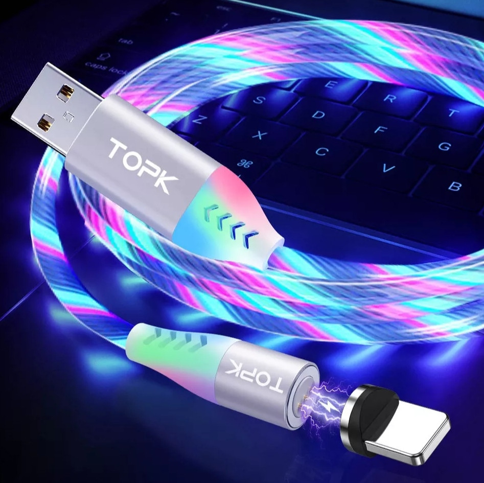 Магнітний кабель Micro USB TOPK Cвітиться (мультиколір) для швидкої зарядки 3.0 Білий