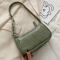 Жіноча класична маленька сумка багет на ланцюжку ремінці рептилія зелена оливкова хакі