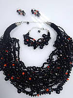 Комплект авторские украшения ручной работы из бисера (ожерелье, серьги, браслет) "Вулкан Этна" черный
