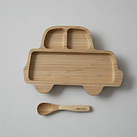 Деревянная тарелка из бамбука на присоске Машина + ложечка