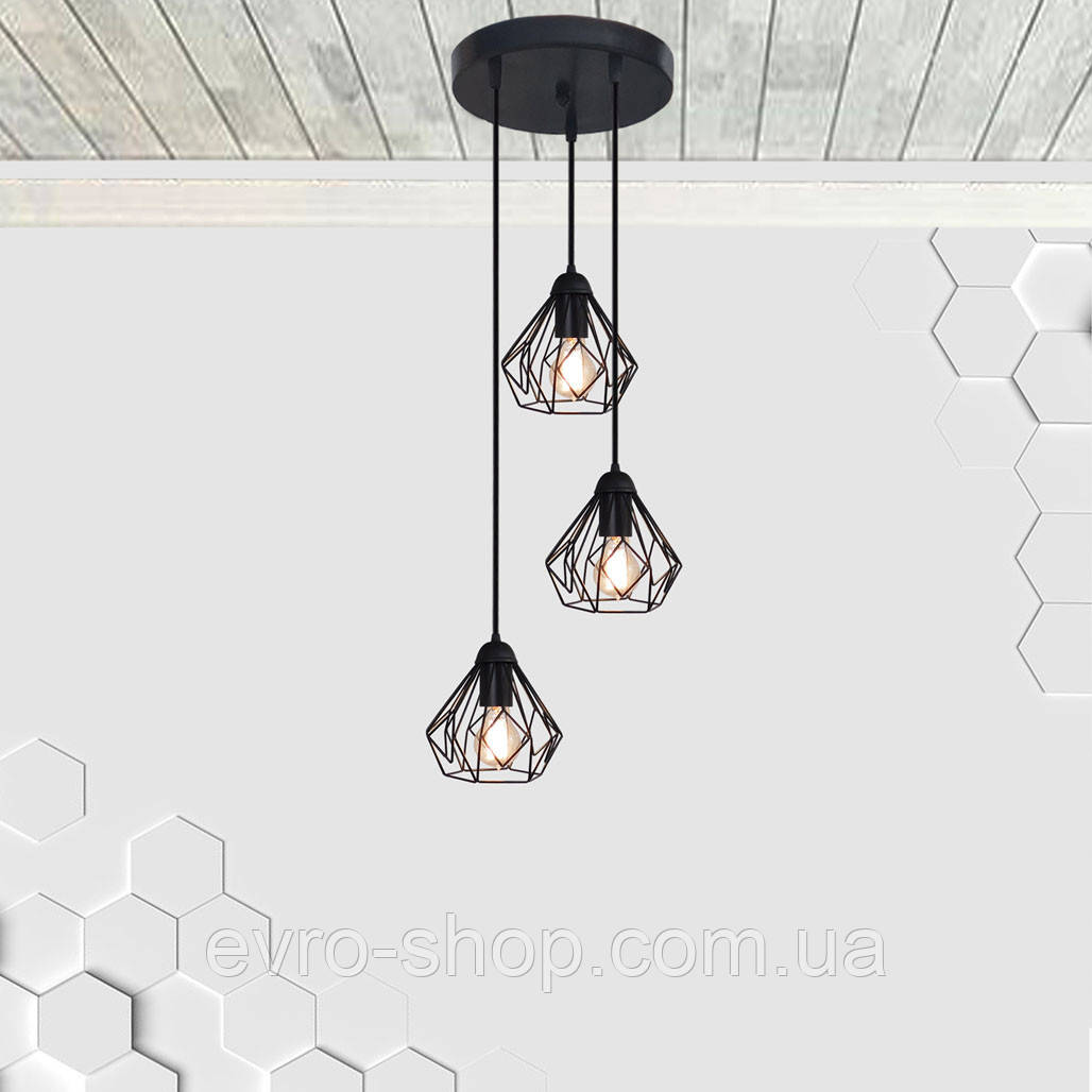 Підвісна люстра на 3-лампи SKRAB-3G E27 на круглій основі, чорний, фото 1