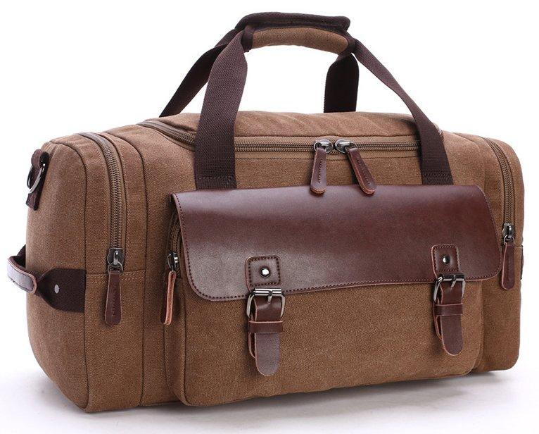 Дорожня сумка унісекс із зовнішніми кишенями Vintage 20193 Коричнева Текстиль зі шкірою