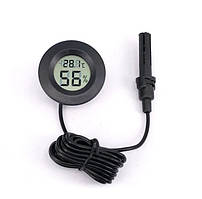 Термометр-гігрометр цифровий круглий чорний із датчиком на дроті