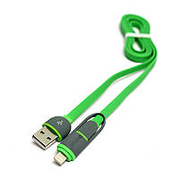 Кабель PowerPlant Quick Charge 2A 2-в-1 flat USB 2.0 AM – Lightning/Micro 1м green KD00AS1291