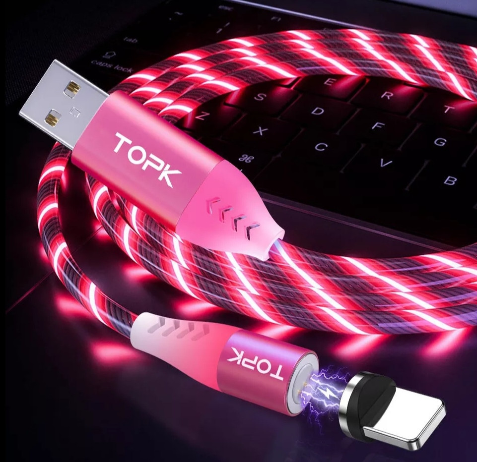 Магнітний кабель Micro USB TOPK Cвітиться (червоним) для швидкої зарядки 3.0 Розовий