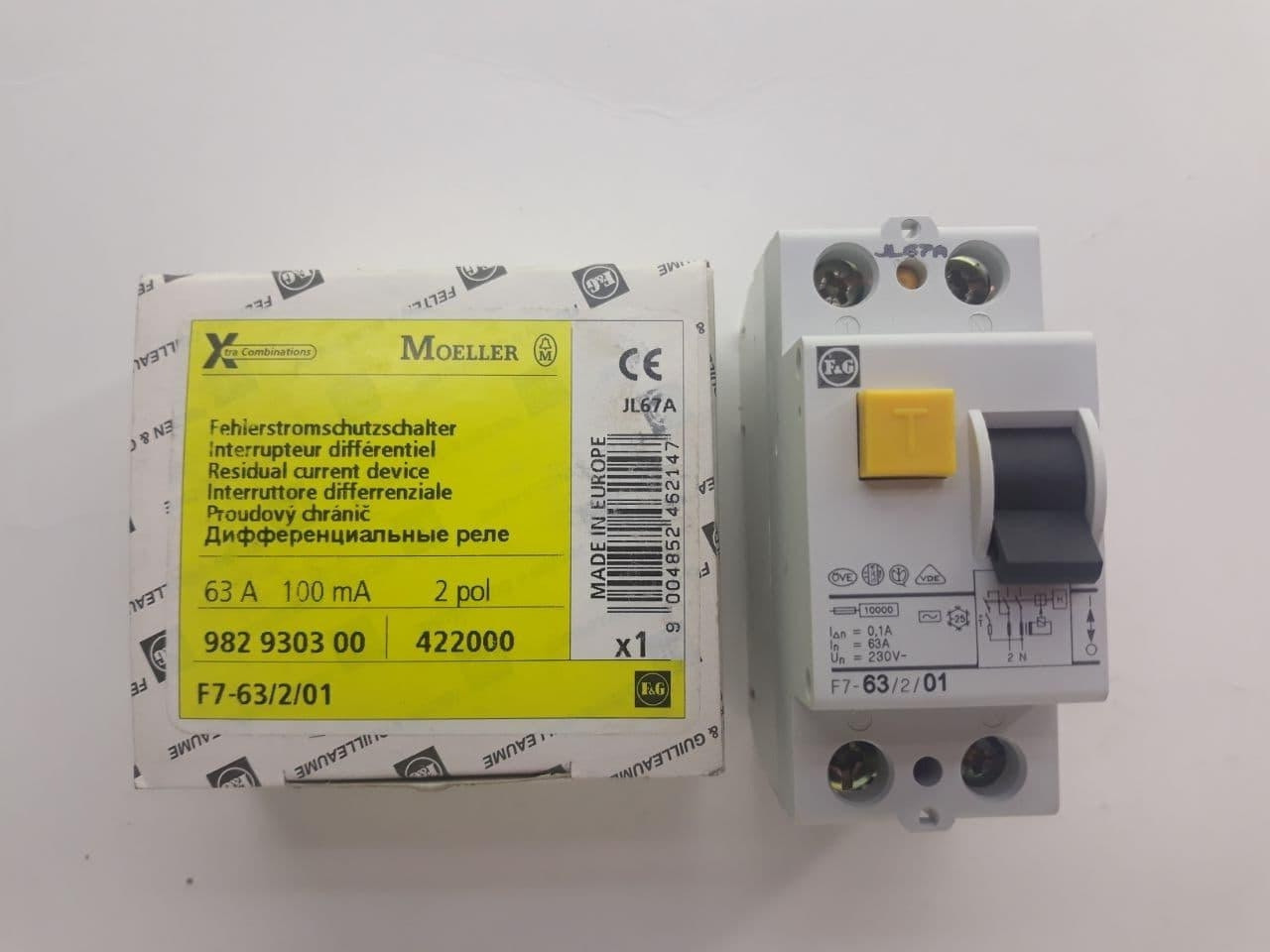 Пристрій захисного відключення Moeller F7-63/2/0.1, 1P+N, 63A, 100mA, артикул 982930300