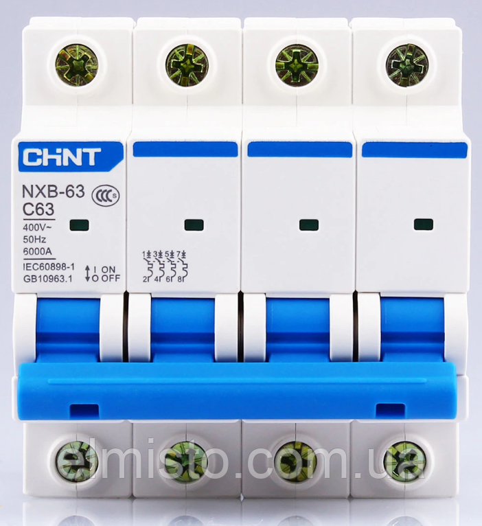 Модульний автоматичний вимикач CHINT Electric NXB-63 4P 63А 6кА х-ка C для кріплення на DIN-рейку