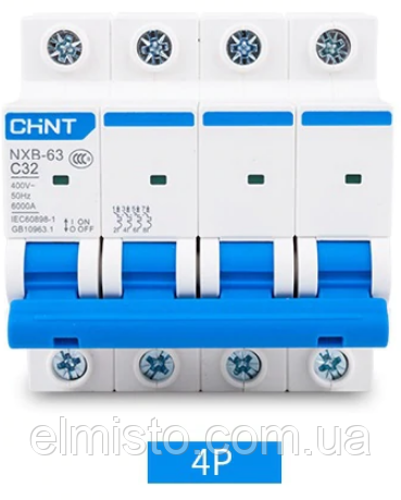 Модульний автоматичний вимикач CHINT Electric NXB-63 4P 32А 6кА х-ка C для кріплення на DIN-рейку