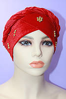 Шапка чалма однотонна велюрова з косою прикрашена золотистими намистинами червоний