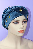 Шапка чалма однотонна велюрова з косою прикрашена золотистими намистинами сірий