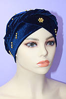 Шапка чалма однотонна велюрова з косою прикрашена золотистими намистинами синій