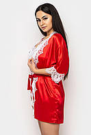 Элегантный атласный халат красный с белым кружевом