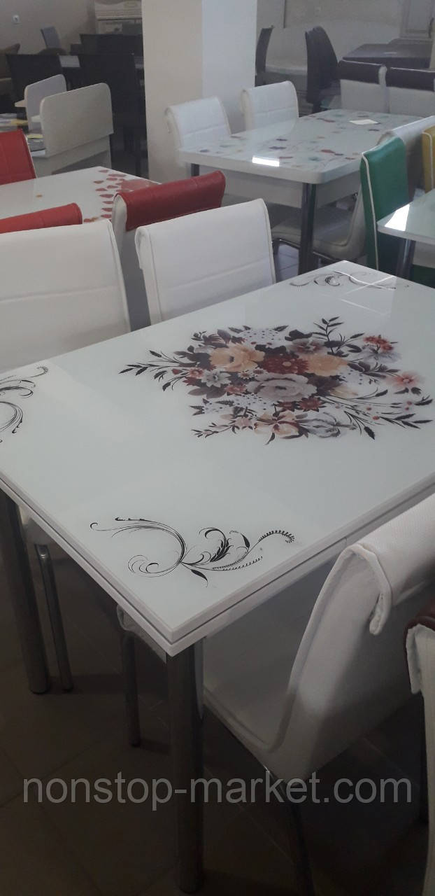 Раскладной стол обеденный кухонный комплект стол и стулья рисунок 3д "Контрастный букет" стекло 60*90 Mobilgen - фото 5 - id-p555649750