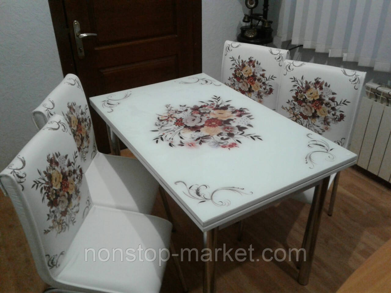 Раскладной стол обеденный кухонный комплект стол и стулья рисунок 3д "Контрастный букет" стекло 60*90 Mobilgen - фото 4 - id-p555649750