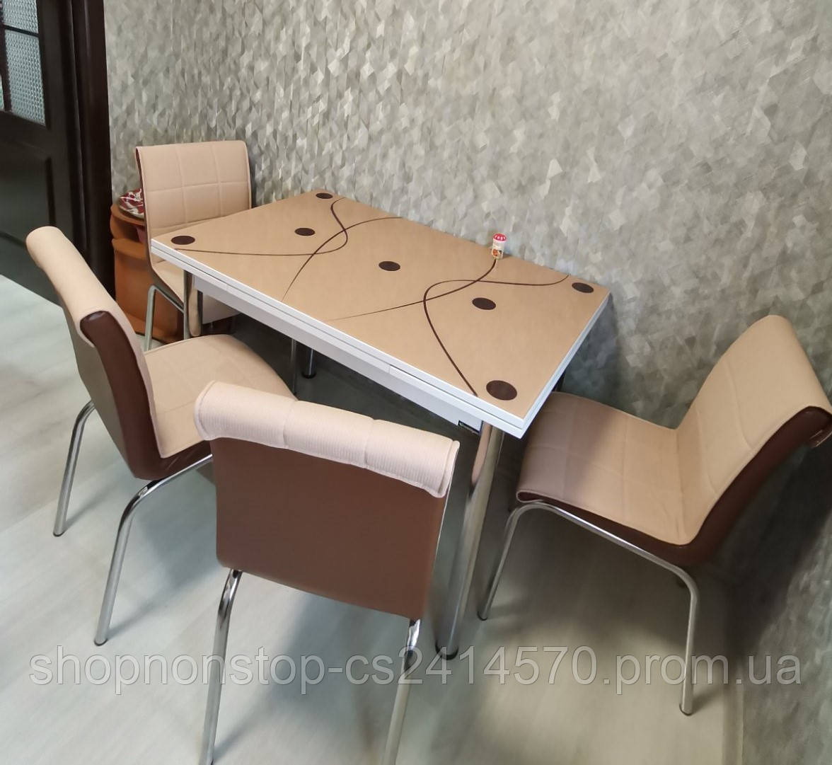 Розкладний стіл обідній кухонний комплект стіл і стільці 3D малюнок 3д "Капучіно" ДСП скло 60*90 Mobilgen