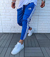 Чоловічі спортивні штани Adidas весна-осінь яскраво-сині з білими лампасами (репліка) - розмір 2XL