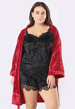 СУПЕР БАТАЛИ! Комплект шортики + майка +халат велюровий трійка червоний/чорний 54