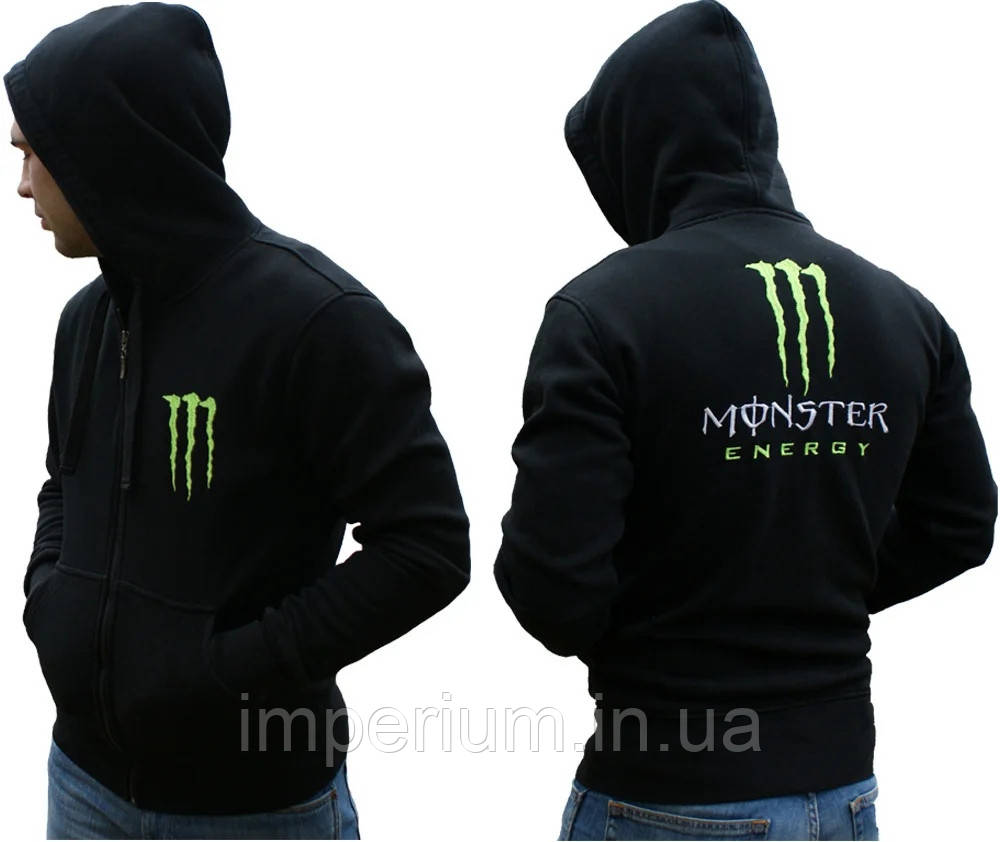 Толстовка на блискавці Monster Energy логотип принт | чорне худі