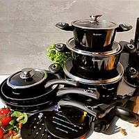 Набір кухонного посуду 15 предметів  Edenberg EB-5611 Набір каструль казанів із мармуровим покриттям Чорний