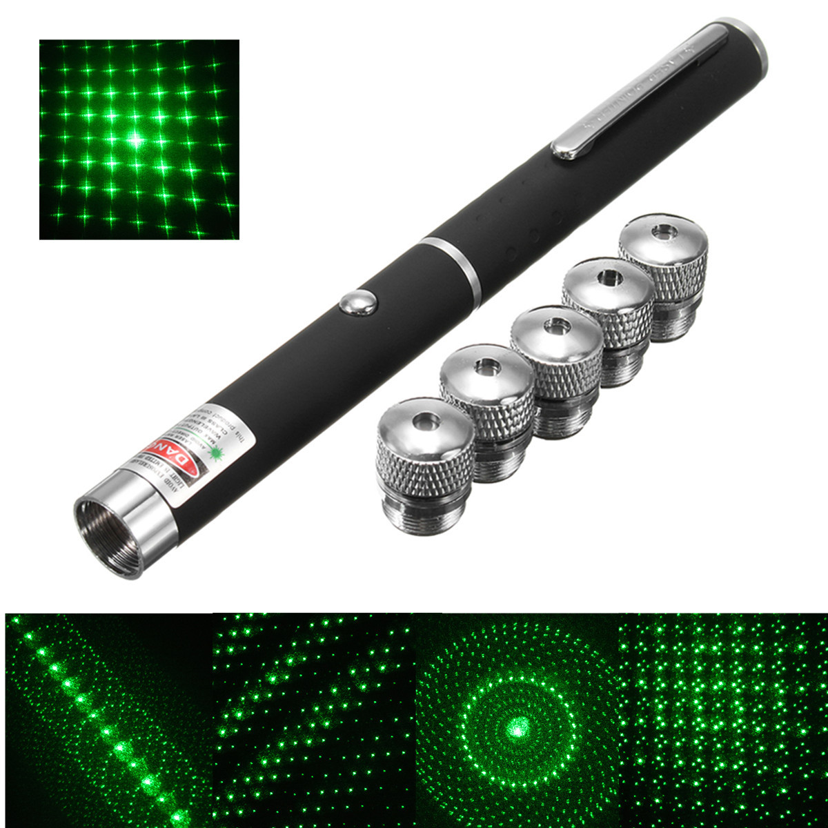 Лазерная указка Green Laser Pointer + 5 насадок | Зеленый лазер в виде ручки - фото 2 - id-p1357384993