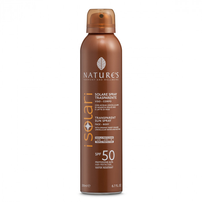 Прозорий сонцезахисний спрей для обличчя і тіла SPF50 "I Solari" nature's,150 мл