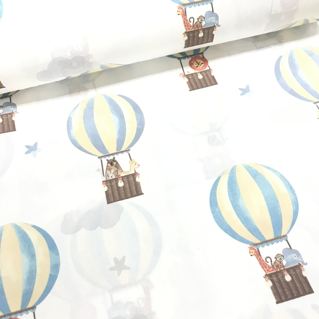 Тканина поплін повітряні кулі жовто-блакитні з тваринами на білому (ТУРЦІЯ шир. 2,4 м) (R-Т-0336), фото 1