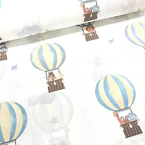 Тканина поплін повітряні кулі жовто-блакитні з тваринами на білому (ТУРЦІЯ шир. 2,4 м) (R-Т-0336)