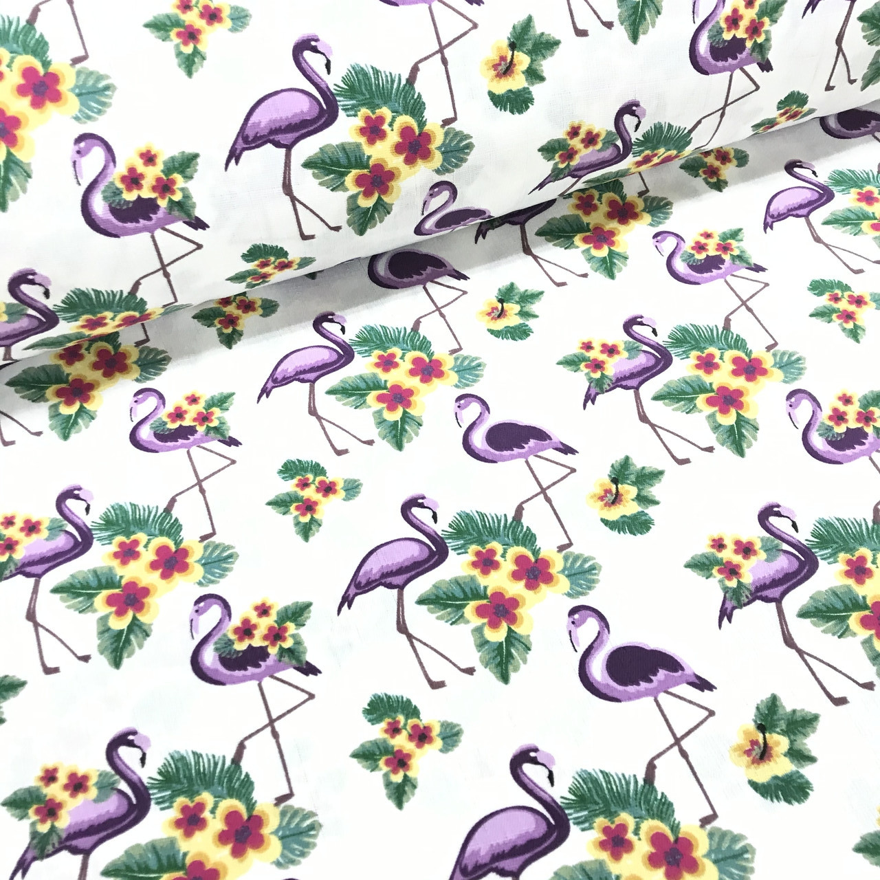 Тканина муслін Двошарова фіолетові фламінго з квіточками на білому (шир. 1,6 м) (MS-FR-0117), фото 1