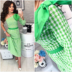 Стильне незвичайне картату сукню з одним рукавом і відкритим плечем