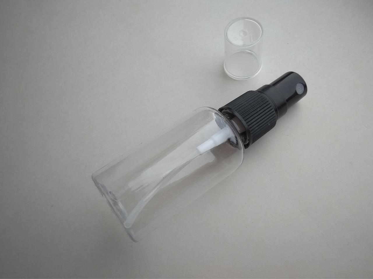 30 - 32 мл ПЕТ Круглий флакон з чорним розпилювачем спреєм 18/410 пластиковий, пластмасовий, прозорий в комплекті