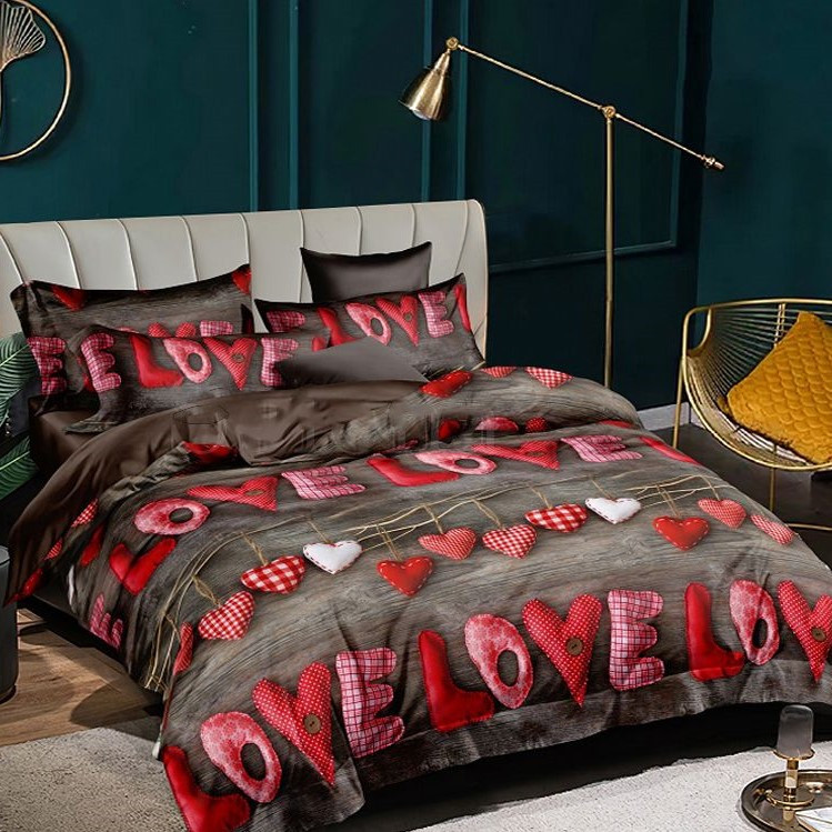 Постільна білизна Королева Ночі (Ранфорс) | Двоспальний комплект | 50х70 | Напис Love з серцями, фото 1