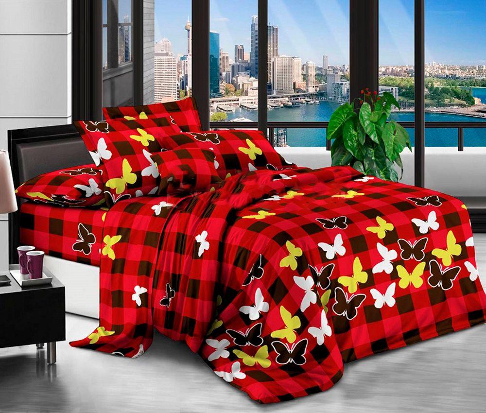 Постільна білизна Королева Ночі (Ранфорс) | Сімейний комплект | 50х70 | Метелики на червоній клітці, фото 1