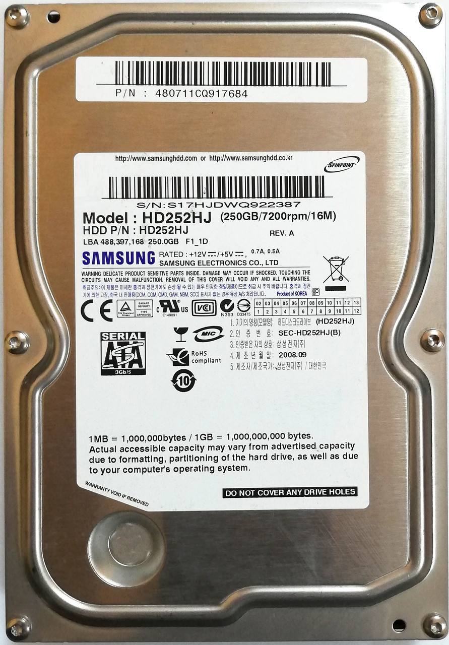 Жорсткий диск для комп'ютера Samsung SpinPoint 250GB 3.5" 16MB 7200rpm 3Gb/s (HD252HJ) SATAII Б/В