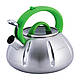 Чайник Kamille Зелений 3л з нержавіючої сталі зі свистком і скляною кришкою для індукції і газу KM-0671, фото 4