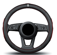 Чехол оплетка Cool на руль для автомобиля Renault натуральная кожа Черный с красной прошивкой