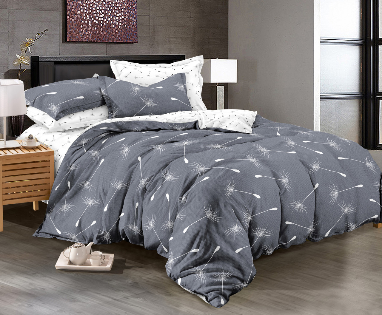 Наволочка на блискавці 70х70 (Бязь) | Від виробника "Королева Ночі" | Кульбабки на сірому, фото 1