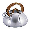 Чайник Kamille Дерево 3л з нержавіючої сталі зі свистком і скляною кришкою для індукції KM-0671, фото 2