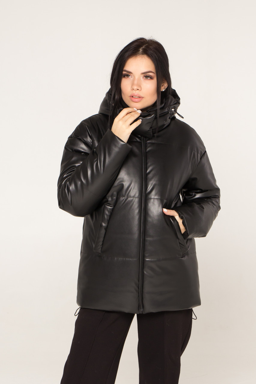 Коротка жіноча куртка-пуховик з еко-шкіри з капюшоном, розмір XS, S, M, L, XL, XXL