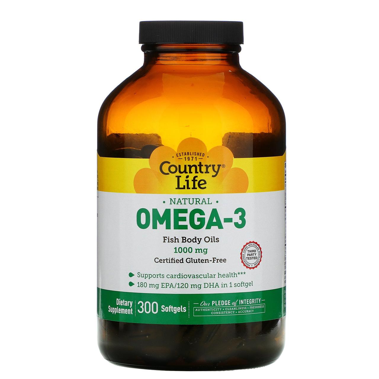 Омега-3 риб'ячий жир, Omega-3, Country Life, 1000 мг, 300 кап.