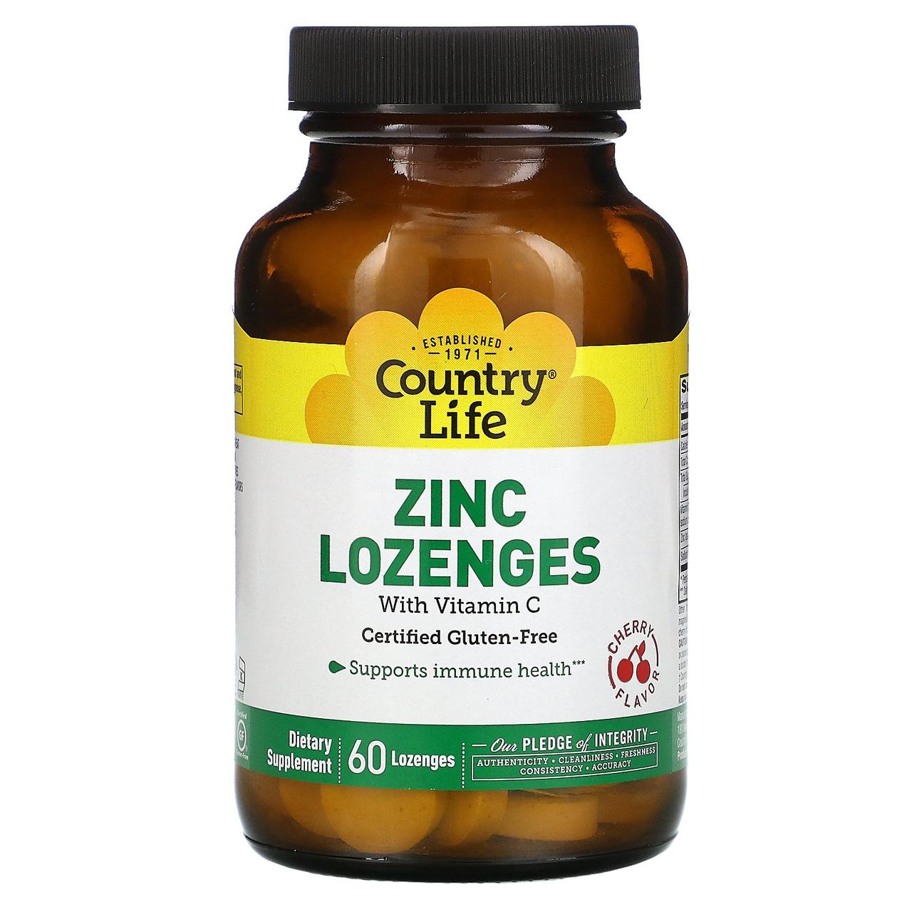 Цинк+вітамін З, вишневий смак, Zinc Lozenges, Vitamin C, Country Life, 60 льодяників