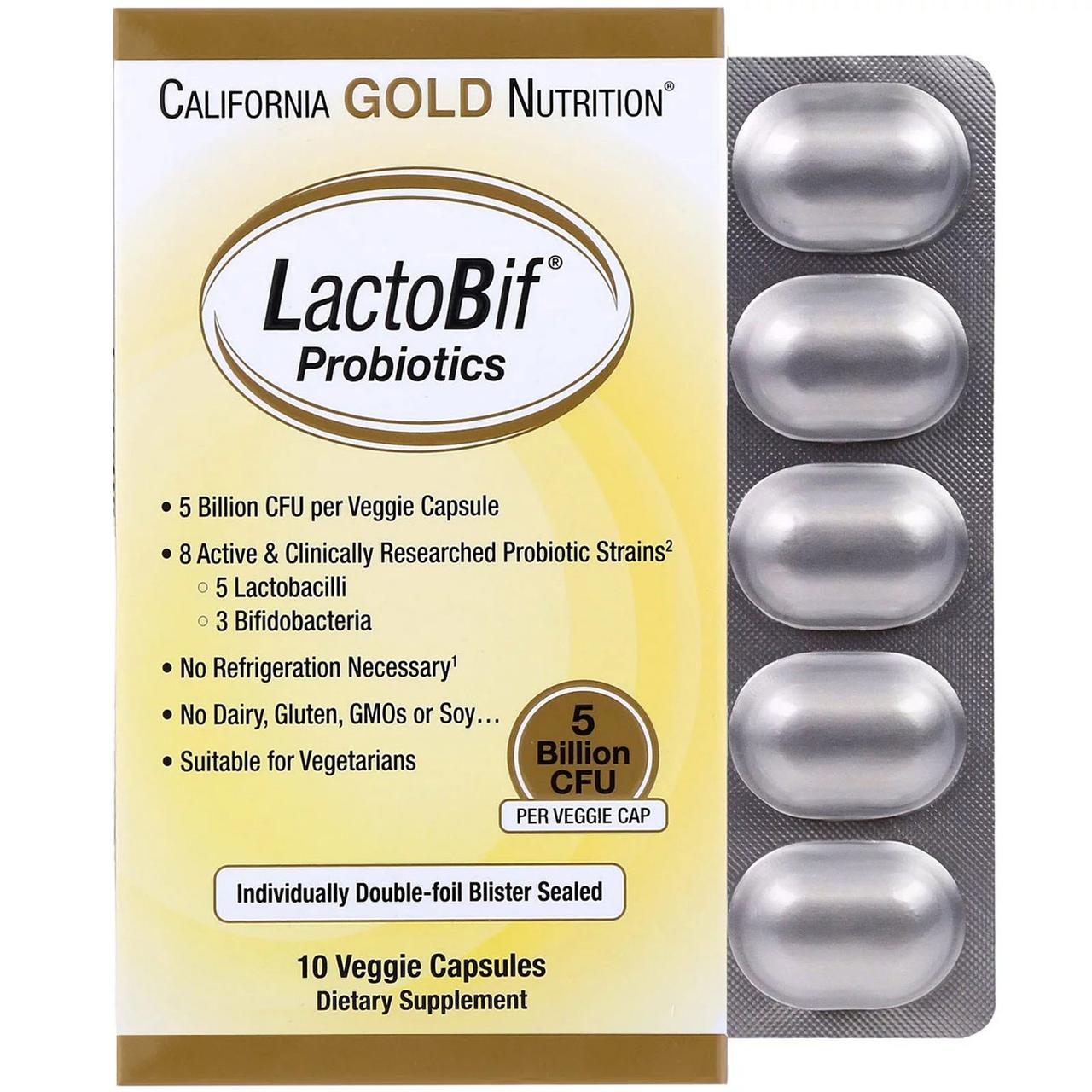 California Gold Nutrition, Пробіотики LactoBif, 5 млрд ДЕЩО, 10 овочевих капсул