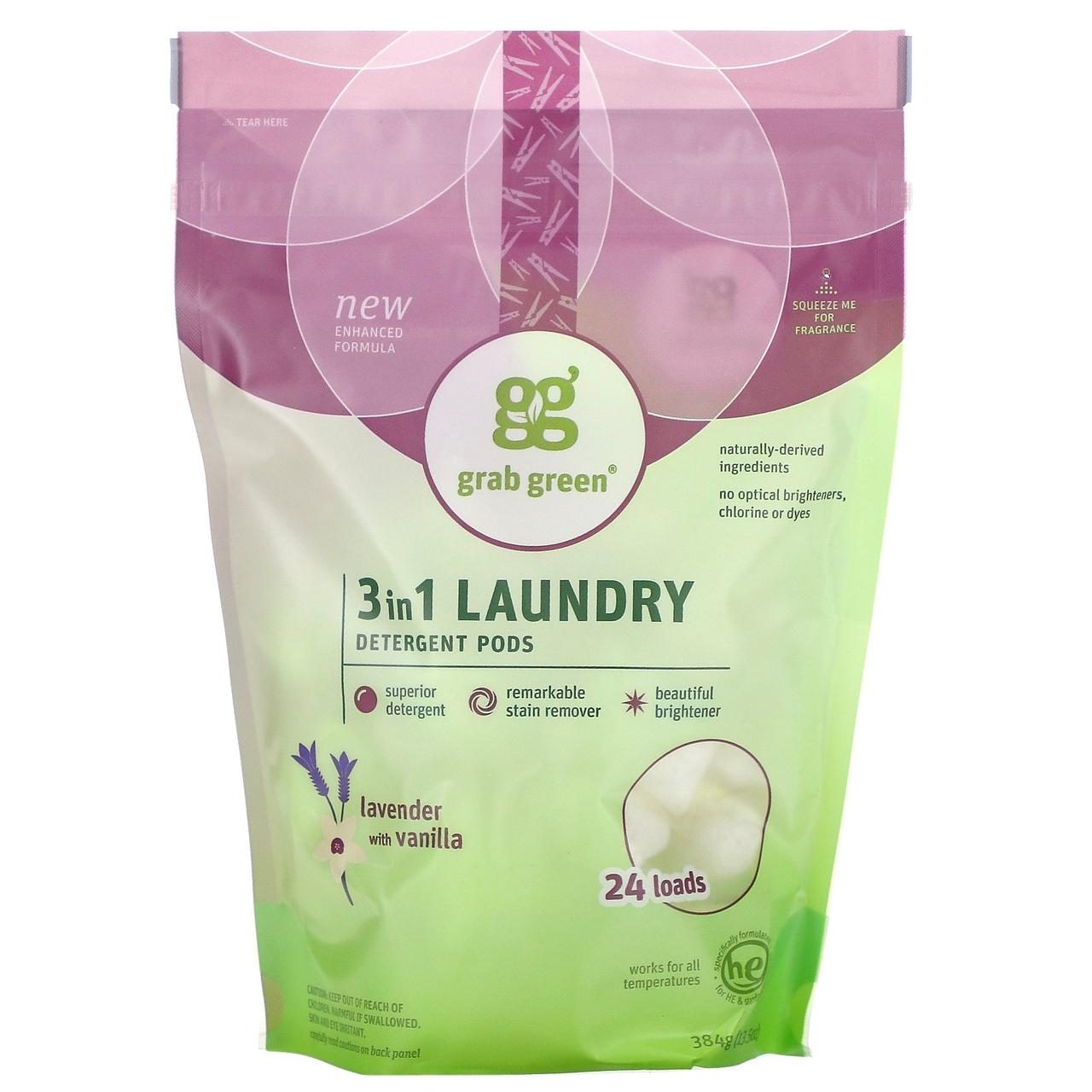 Стиральный порошок три в одном, (3-in-1 Laundry Detergent Pods), GrabGreen, 432 г